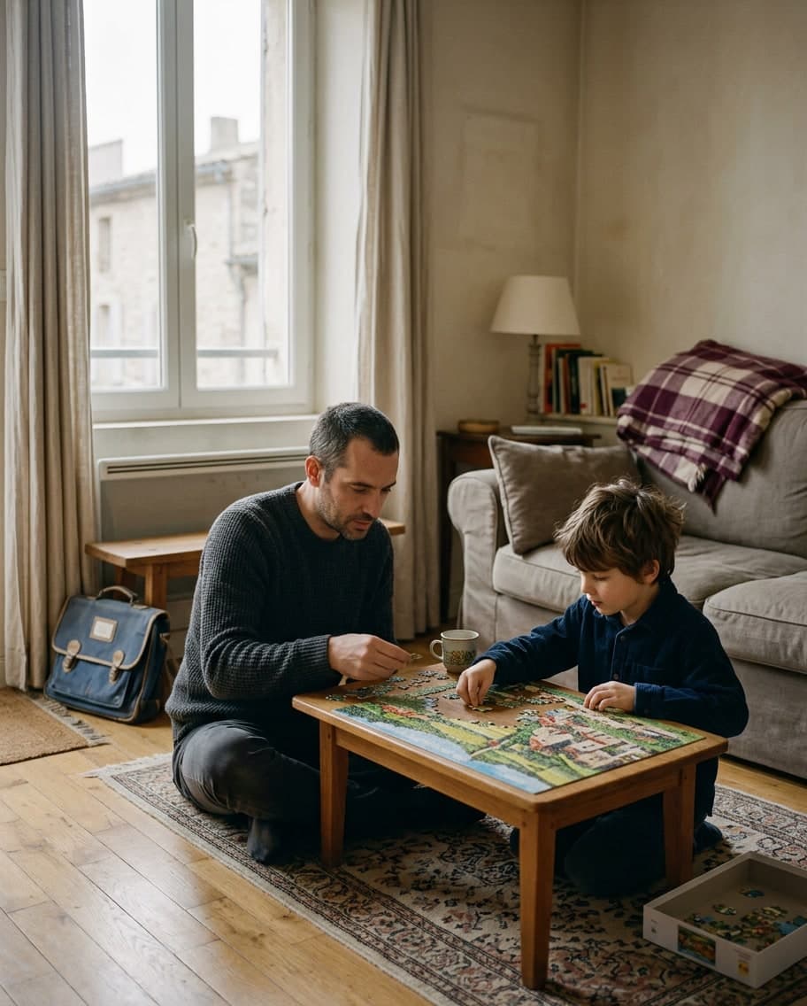 Un père et son fils assemblant un puzzle dans un salon